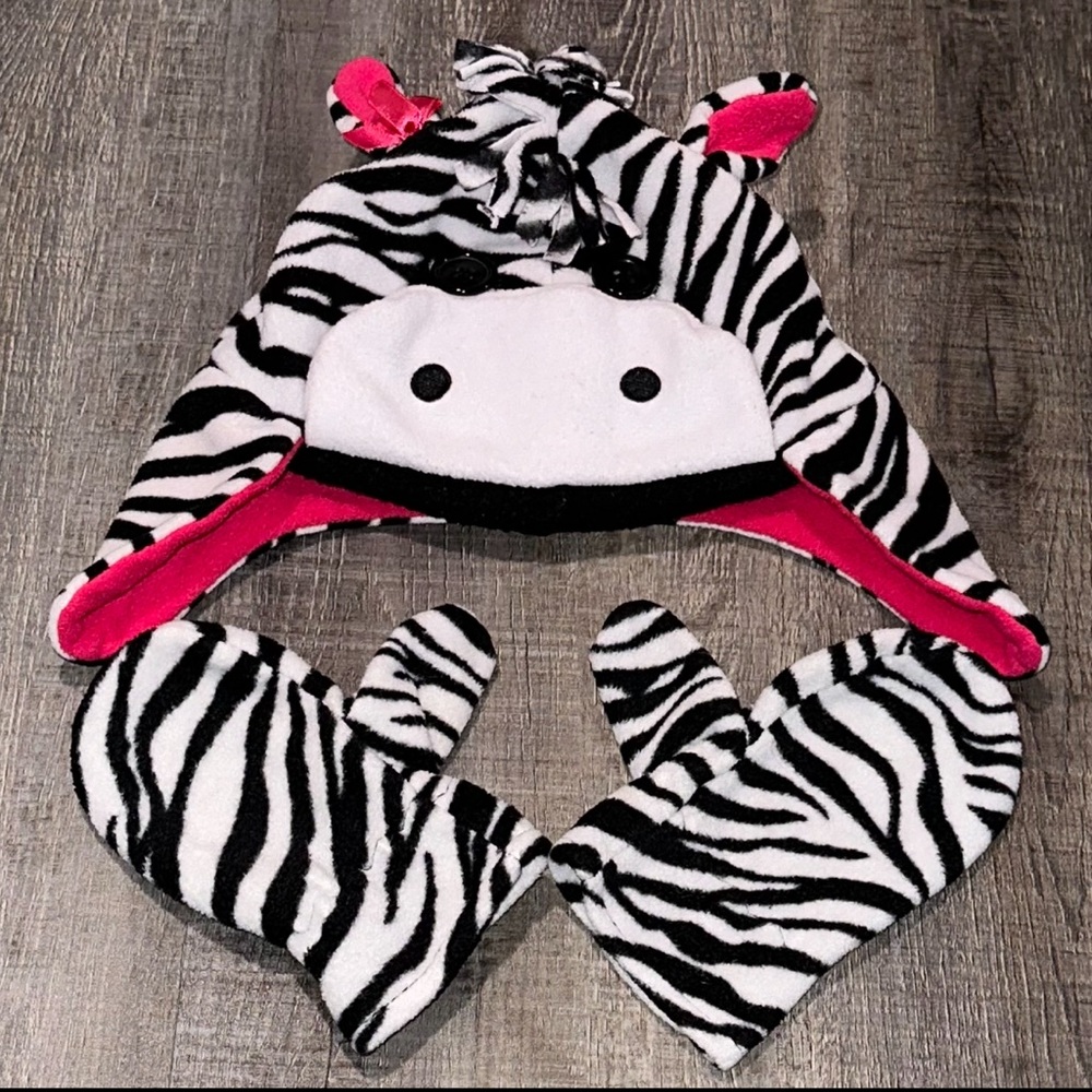 Toddler Girls Size 2T - 4T 3-Piece Zebra Fleece Hat & Mittens Set